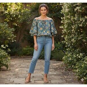 Umgee Boho Floral Blouse Teal Yellow Womens Size Medium Ruffle Tiered Sleeve